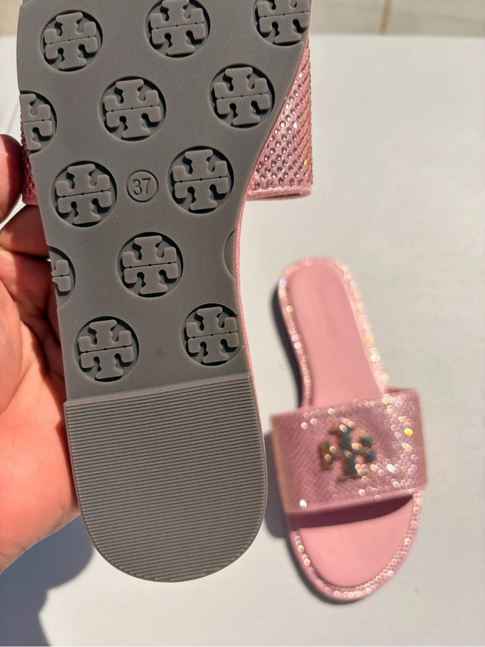 Tory Burch Rose Pink Logo Slide Sandals with Sparkle Strap - Picture 3 of 4
